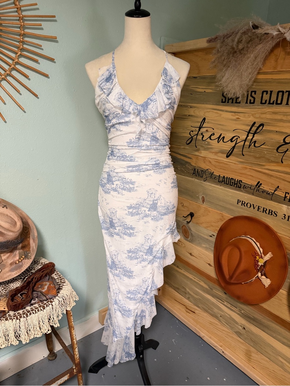 Blue & White Toile Ruffle Maxi Dress